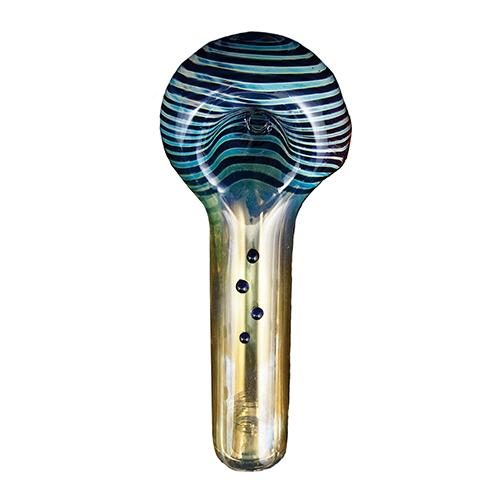The hand blown Fiesta hand pipe is designed in Canada by Red Eye Glass. Each 3.5" pipe is made out of colour-changing, borosilicate glass. It features a distinct, colourful 3-D stud pattern along the neck. Recommended for dried flower.