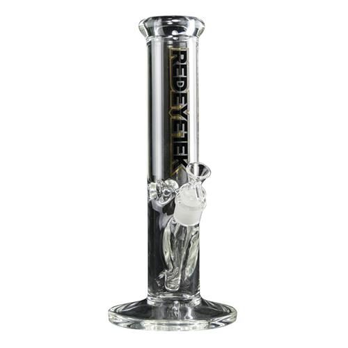 Red Eye Tek 12” tall straight water pipe with purple decal is made with 100% borosilicate glass. Built with an ice pinch for a smooth smoking experience. Cone pull-out and diffuser downstem included.