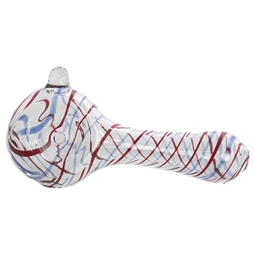 4"L SPOON PIPE by Moji Mellow Moji Mellow's 4" spoon pipe is made of glass and has a medium-sized bowl.
