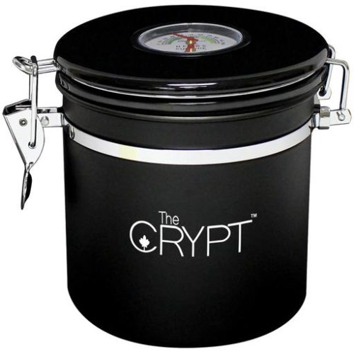Crypt M is a stainless steel storage canister that includes an RH Stayfresh humidity pack that helps regulate and maintain the conditions inside. The airtight lid features a thermometer/hygrometer that measures internal conditions, and the inside of the canister includes a removable modular carousel.