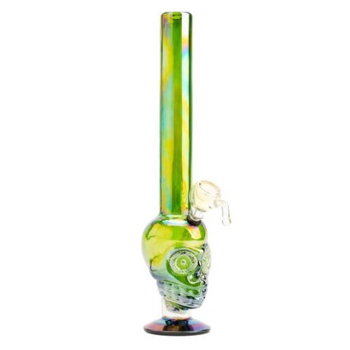 17" TALL PLATINUM METALLIC SKULL WT PIPE by Retro Glass The Platinum Metallic Skull Water Pipe is a 17" iridescent metallic sheen water pipe that features glow-in-the-dark eyes. This pipe is made from 100% soft glass.