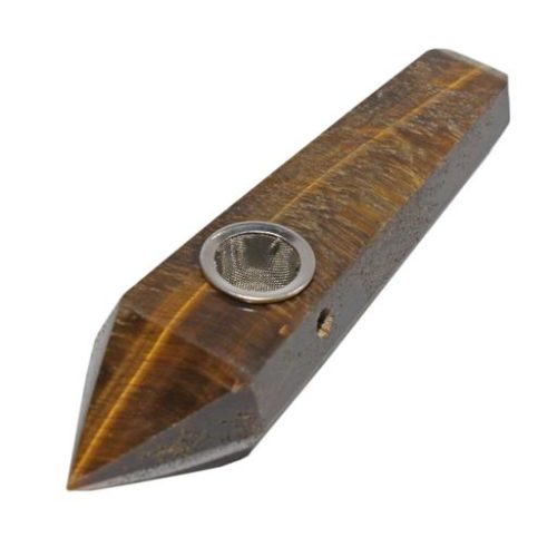 GLASS TIGER'S EYE CRYSTAL PIPE by Karma. Handcrafted glass pipe packaged in a box with extra screens and cleaning brush.