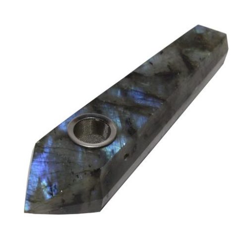 GLASS LABRADORITE CRYSTAL PIPE by Karma. Crystal pipe crafted by hand from labradorite stone and packaged in a box that includes extra screens and a cleaning brush.